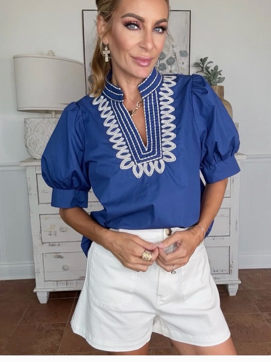 entro Tops - entro Royal Blue Puff-Sleeve Embroidered Henley Top